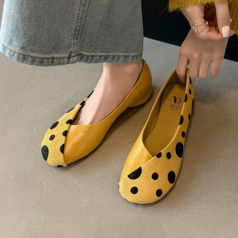 Women'S Shoes Yellow - Genuine Leather Sweet Style Yellow Polka