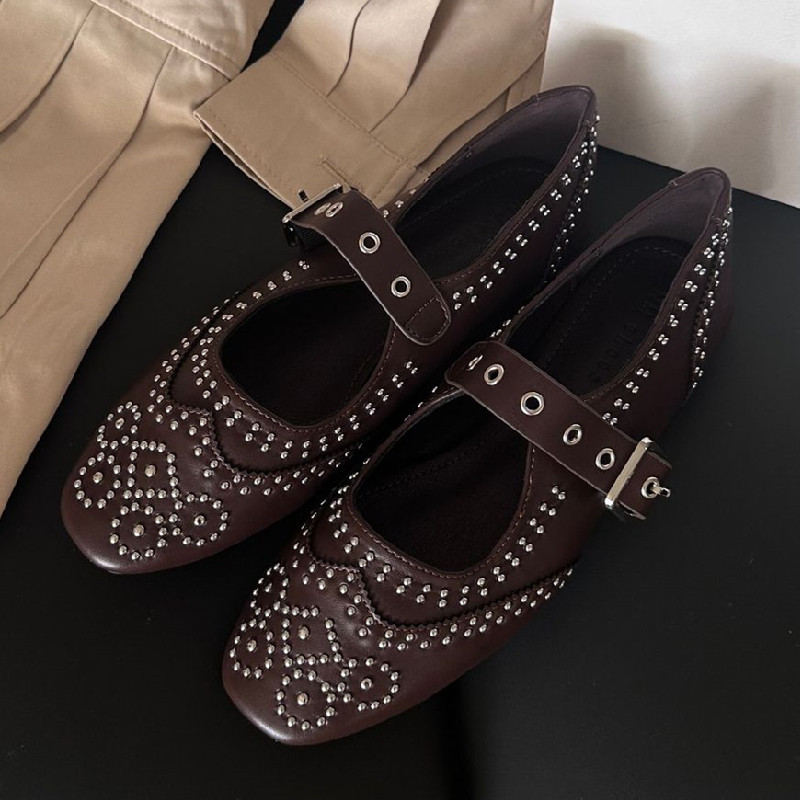 Retro Rivet Buckle Design Flat - Women Shoes Brands review and price