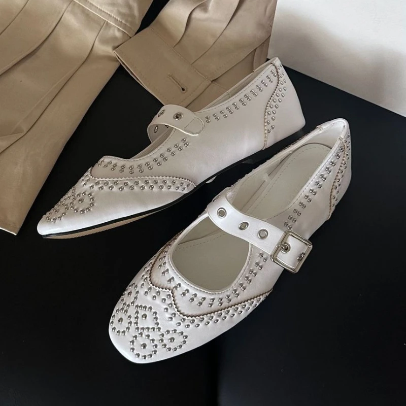 Retro Rivet Buckle Design Flat - Women Shoes Brands review and price
